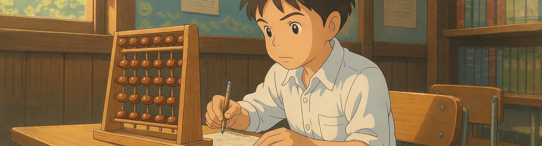 A learning arithmetic using a soroban abacus.