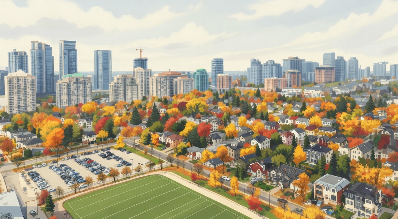 Yonge Street skyline in North York drawn in the Ghibli style.