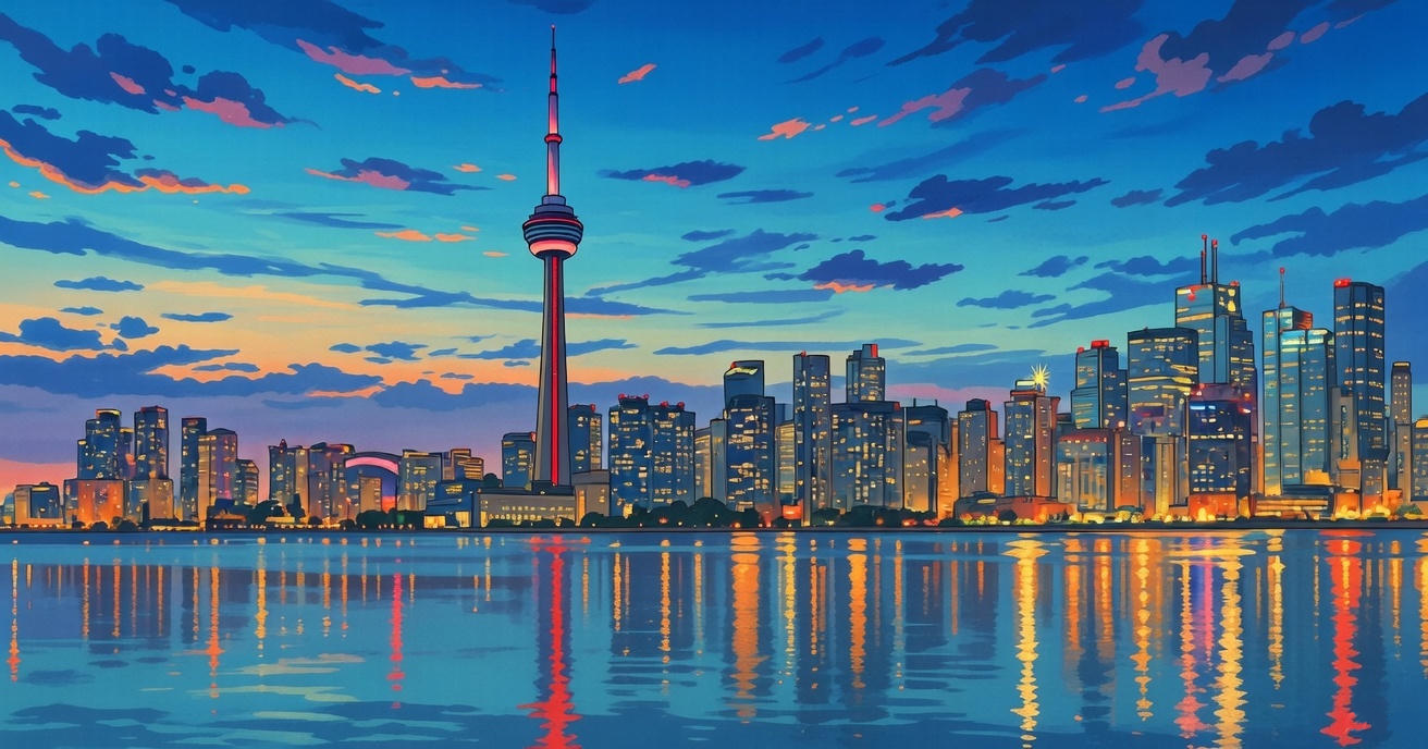 The Toronto skyline as seen from Toronto Island drawn in the Ghibli style.